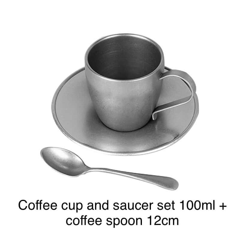 Vintage INOX stainless steel cup and saucer set 100ml with 12cm spoon, Japan-made, dishwasher safe.