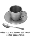 Vintage INOX stainless steel cup and saucer set 100ml with 12cm spoon, Japan-made, dishwasher safe.