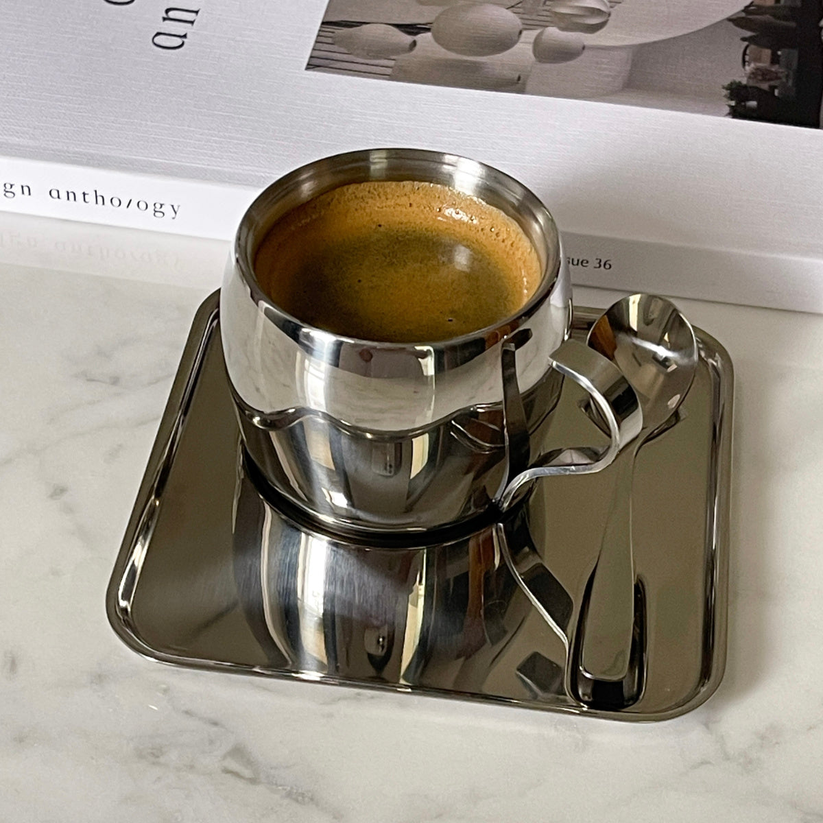 Italian style Steel Expresso Coffee Cup with Saucer &amp; Spoon