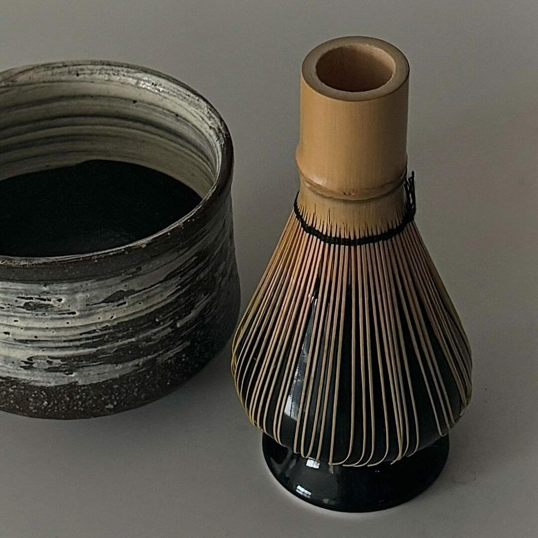 Wabi-Sabi Matcha Bowl with Green Tea Matcha Bamboo Whisk, handmade ceramic, Japanese tea ceremony essentials.