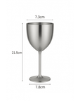 Stainless Steel Wine Glass dimensions: 7.3 cm wide, 21.5 cm tall, 7.8 cm base