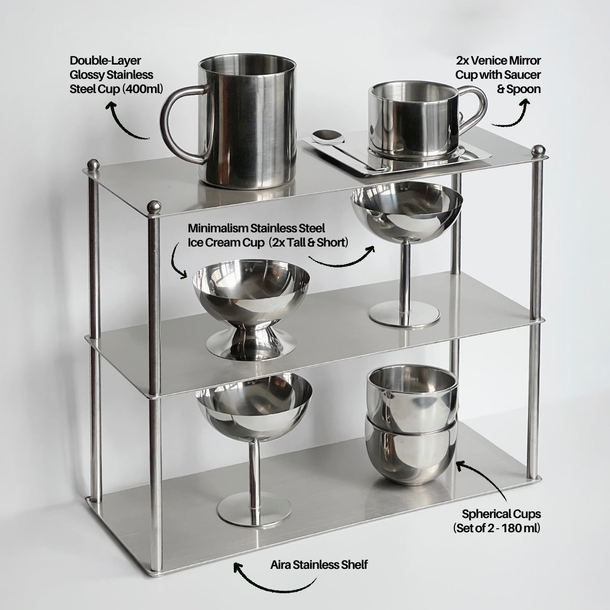 Aesthetic Stainless Bundle showcasing stainless steel essentials on Aira Stainless Shelf, perfect for elegant storage and display.