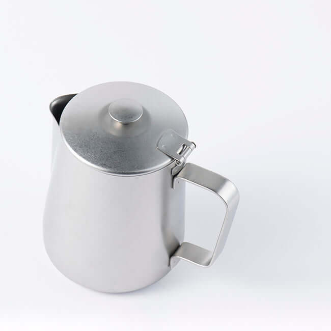 Vintage INOX cafe pot made of stainless steel, featuring a chic design suitable for various uses, shown with a lid and handle.