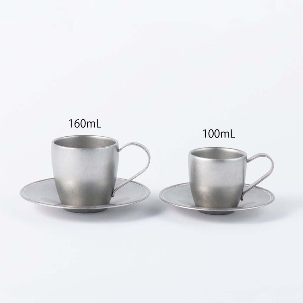 Vintage INOX stainless steel cups and saucers set, 160ml and 100ml sizes, made in Japan, dishwasher safe.