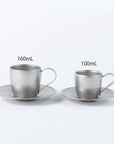 Vintage INOX stainless steel cups and saucers set, 160ml and 100ml sizes, made in Japan, dishwasher safe.