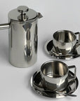 Stainless steel coffee set with two Italian-inspired cups and a sleek pot, perfect for stylish and premium coffee rituals.
