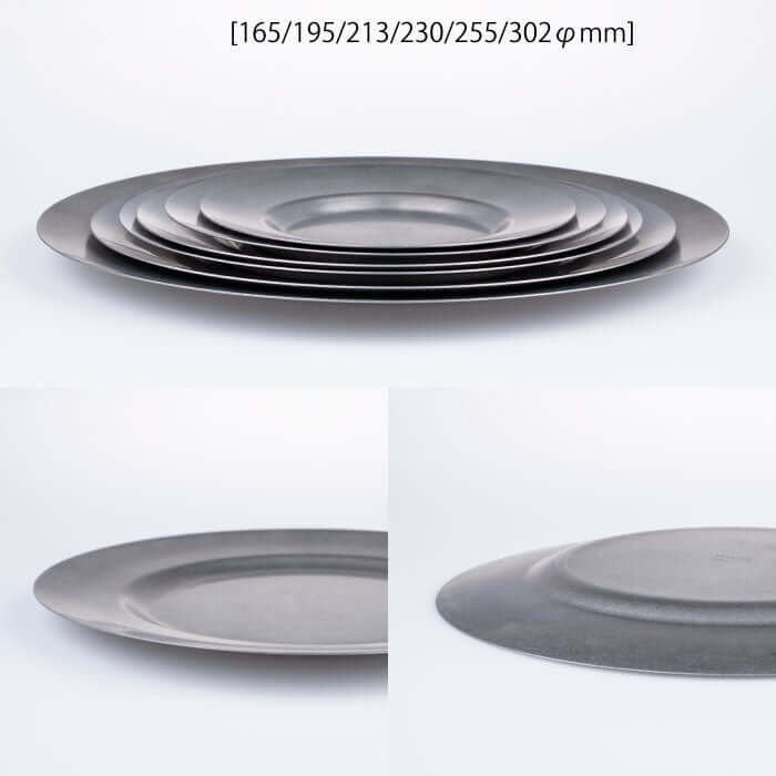 "Vintage INOX stainless steel round plates in various sizes stacked, showcasing durable and chic design for versatile use"