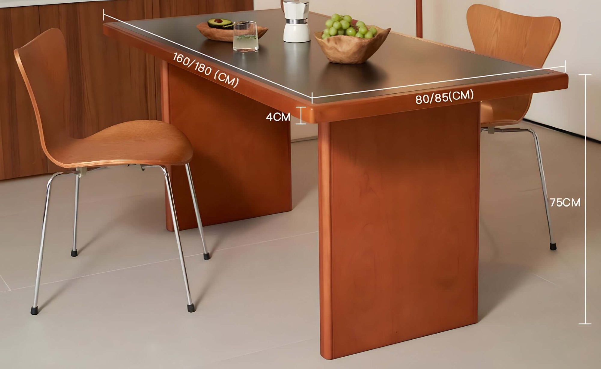 Gora Dining Table with Cherry Wood Finish and Nosaku Monk Chairs in Modern Dining Room Setting