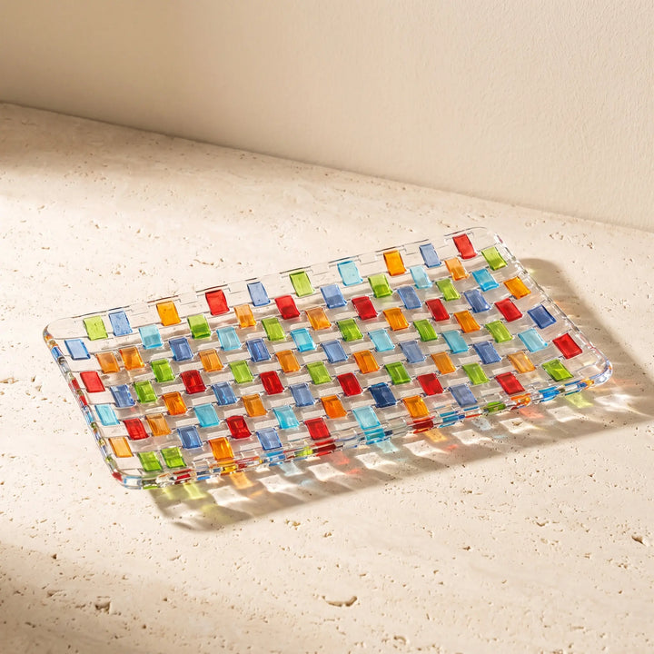 Tessera rectangular platter on a sunlit stone surface, throwing colour onto the stone