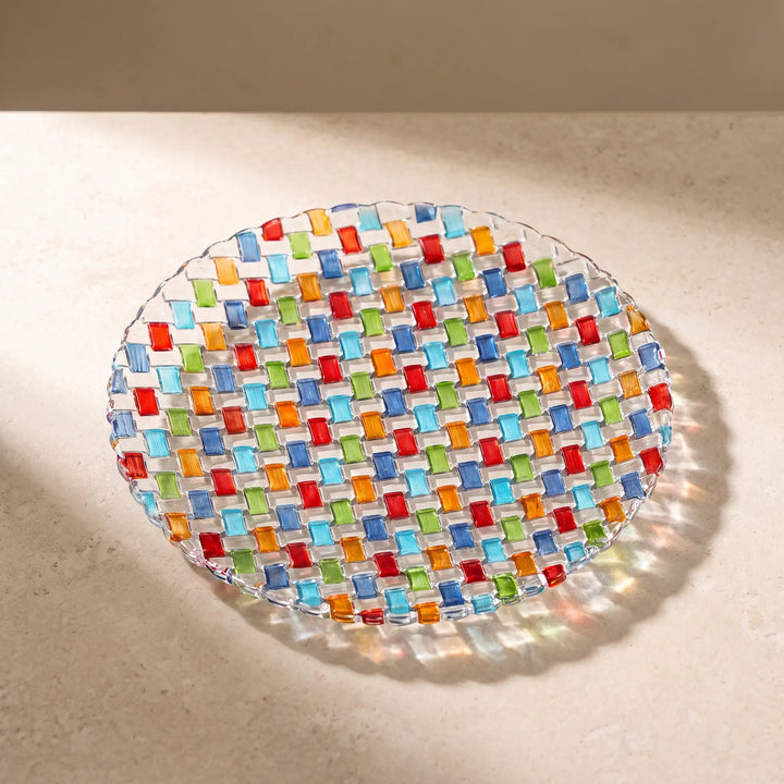 Tessera hand-painted mosaic plate 23.5 cm showing woven texture in sunlight