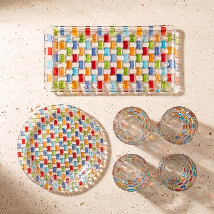 Everything in the rectangular Tessera Table set laid out from above: rectangular platter, 23.5 cm plate and four glasses
