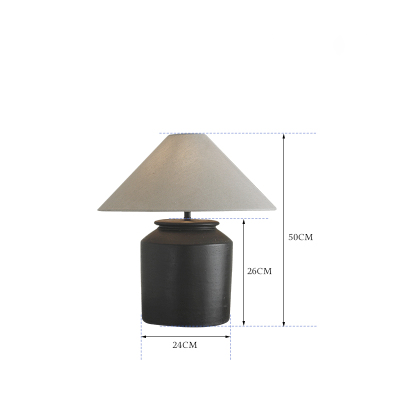 Folding Shoulder Table Lamp with linen shade on clay pot base, adjustable dimming switch, 24cm by 50cm, warm light ambiance.