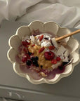 Rinka Bowl 16cm filled with oatmeal, topped with berries, and coconut flakes on a book, part of Kaneko Kohyo's Rinka Collection from Japan.