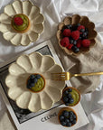 Rinka Bowls by Kaneko Kohyo with fruit tarts and berries on a cloth backdrop, showcasing handmade ceramic design.