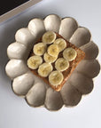 Rinka Plate by Kaneko Kohyo with banana toast, handmade in Japan, microwave and dishwasher safe, unique glaze texture.