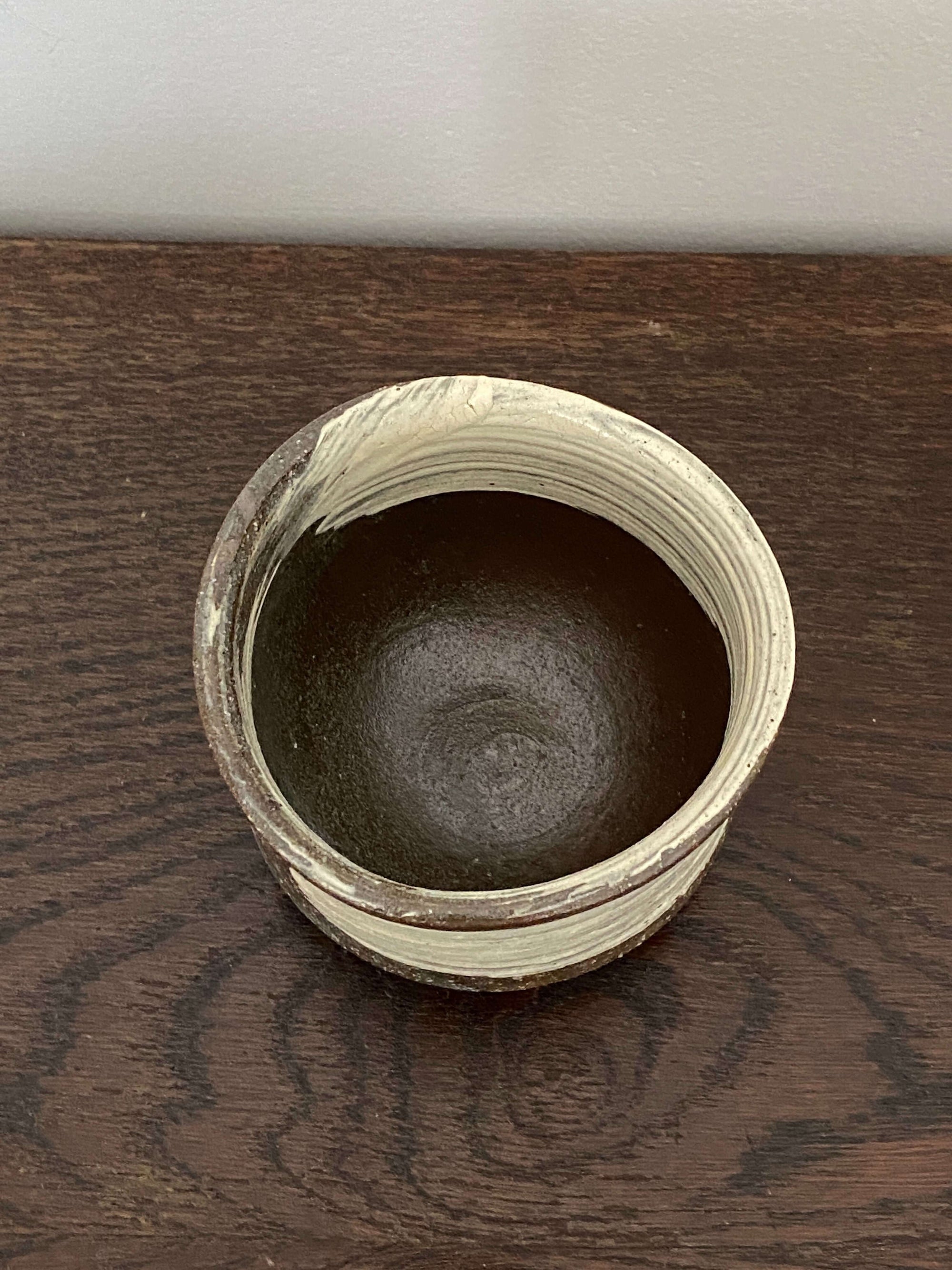 Top view of a ceramic Wabi-Sabi Matcha Bowl with rustic design, perfect for Japanese tea ceremonies.