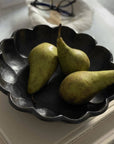 Elegant Rinka Bowl 24cm by Kaneko Kohyo with pears, showcasing its flower shape design and delicate porcelain craftsmanship.