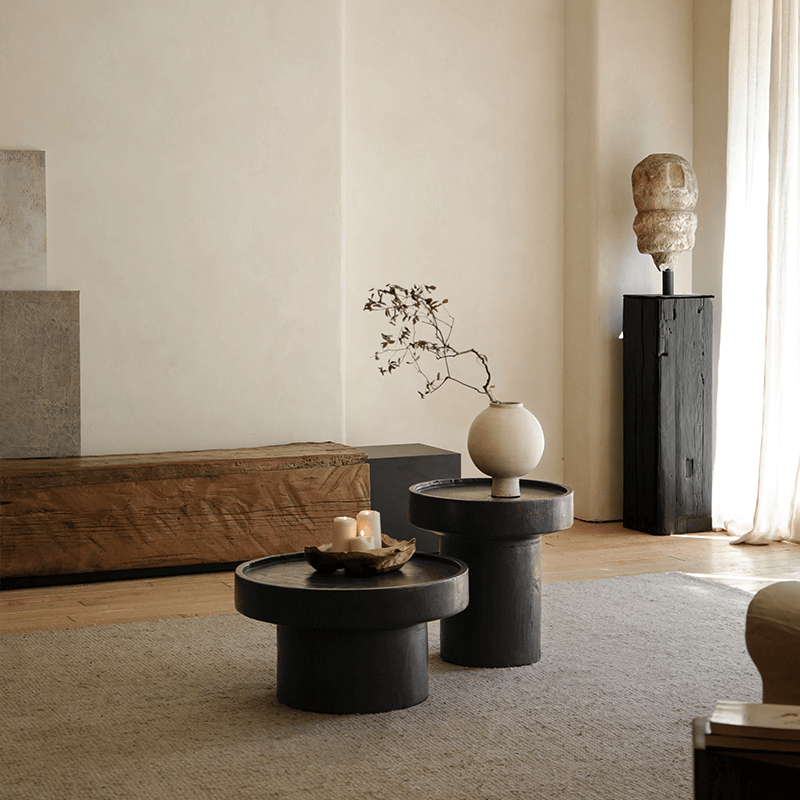 Modern living room with Seal Coffee Table, featuring minimalist decor, black round tables, and natural lighting.