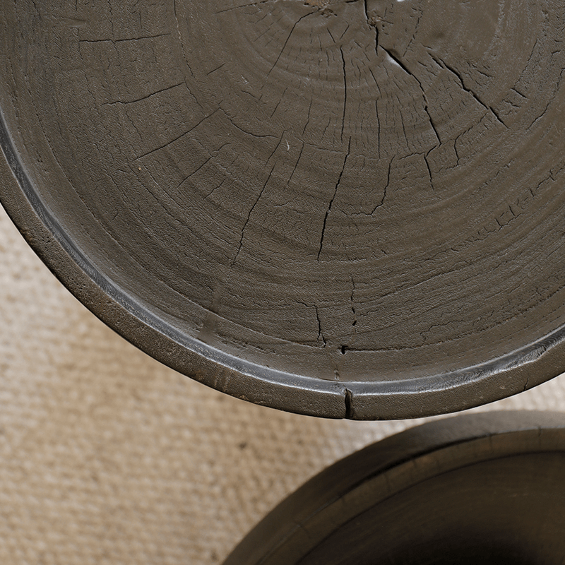 Close-up of the Seal Coffee Table showcasing its natural log texture and carbonized black surface, highlighting its elegance and durability.