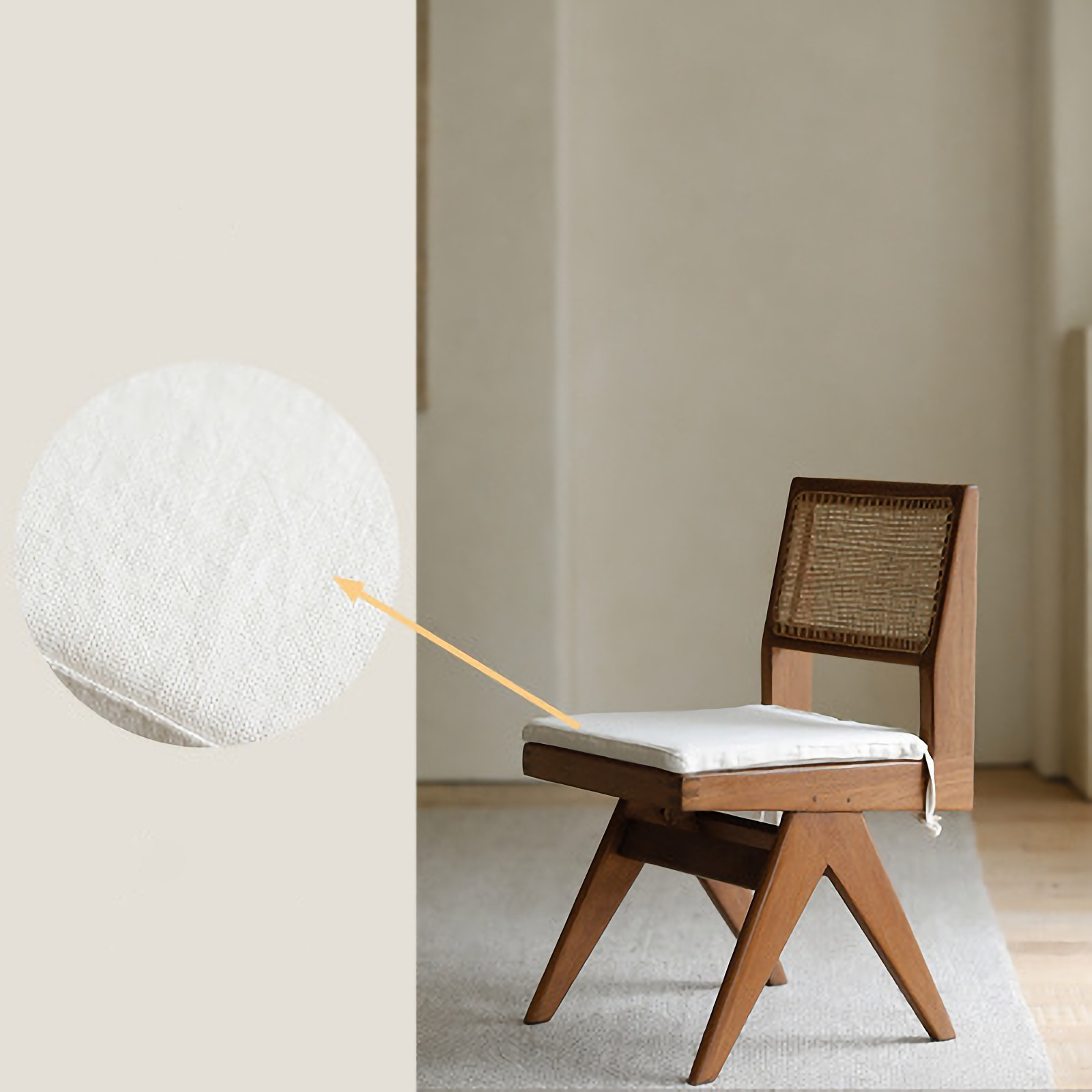 Hand-made wood-mounted dining chair with rattan weave, featuring pure lines and teak construction; adds romantic vibe to any space.
