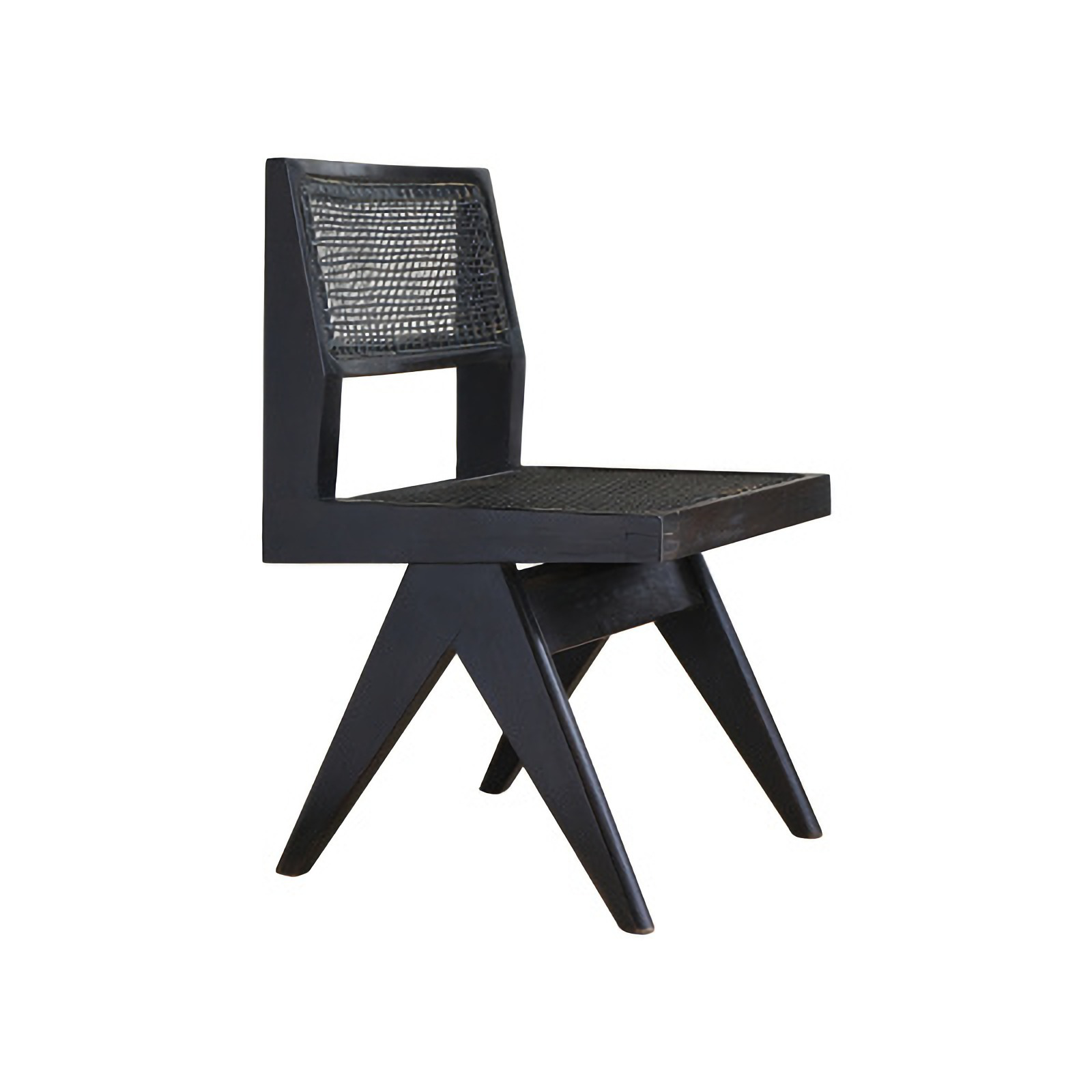 Black wood-mounted dining chair with rattan woven seat and back, featuring modern design and elegant lines.