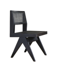 Black wood-mounted dining chair with rattan woven seat and back, featuring modern design and elegant lines.