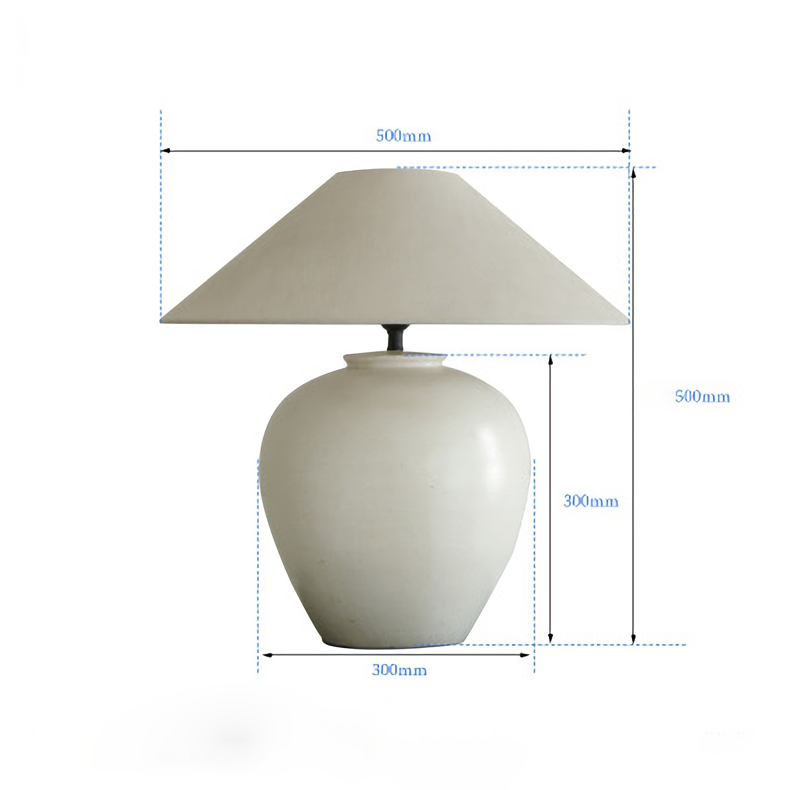 Medium egg-shaped clay pot table lamp with linen shade, measuring 500mm in diameter and height, pottery-inspired design.