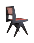Modern wood-mounted dining chair with hand-woven rattan seat and back in elegant red and black design. Perfect for stylish interiors.