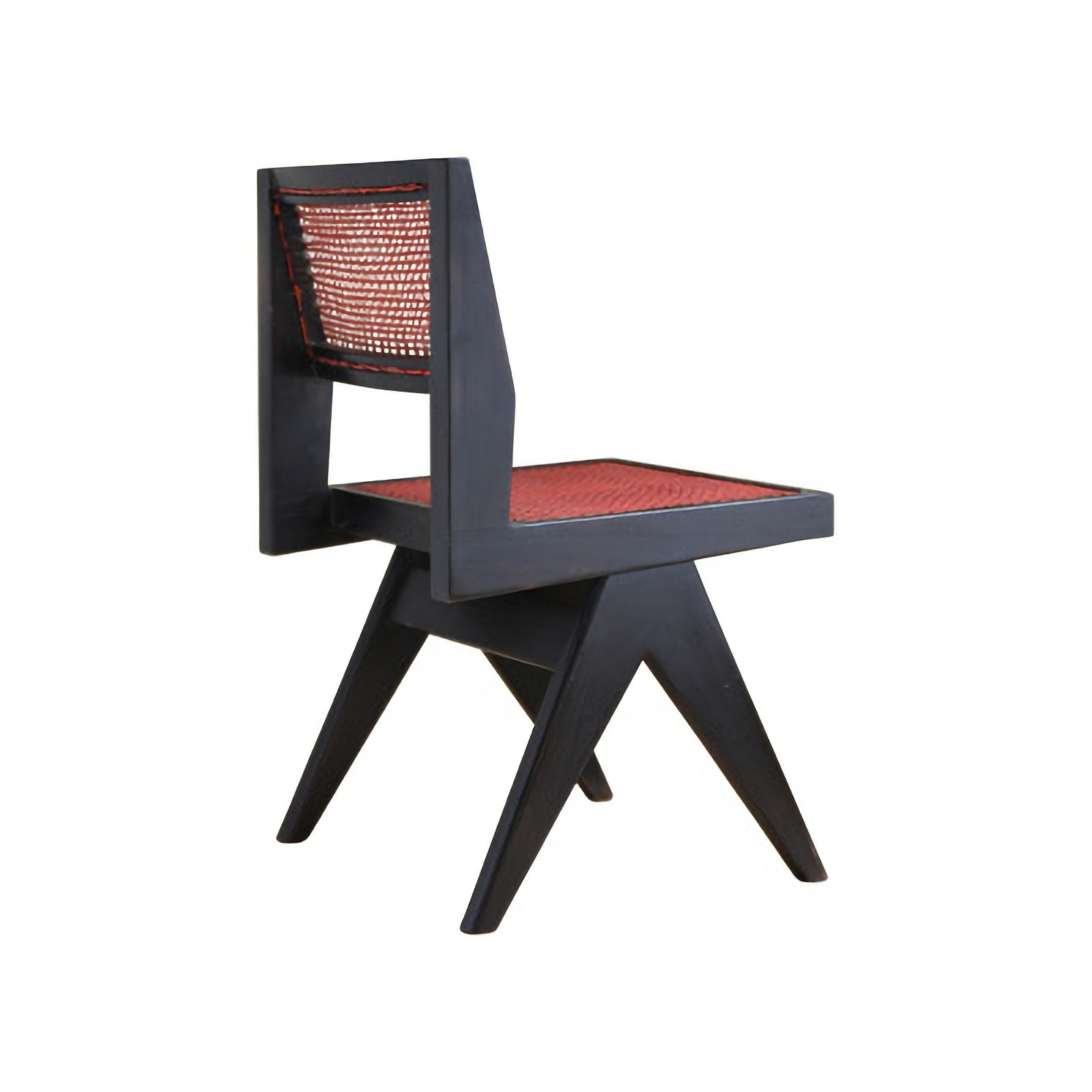 Modern wood-mounted dining chair with hand-woven rattan seat and back in elegant red and black design. Perfect for stylish interiors.