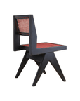 Modern wood-mounted dining chair with hand-woven rattan seat and back in elegant red and black design. Perfect for stylish interiors.