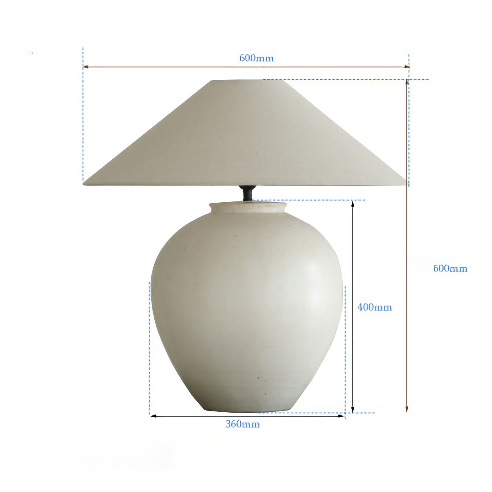 Egg shaped clay pot table lamp with linen shade, large size 600mm, pottery design for a peaceful room setting.