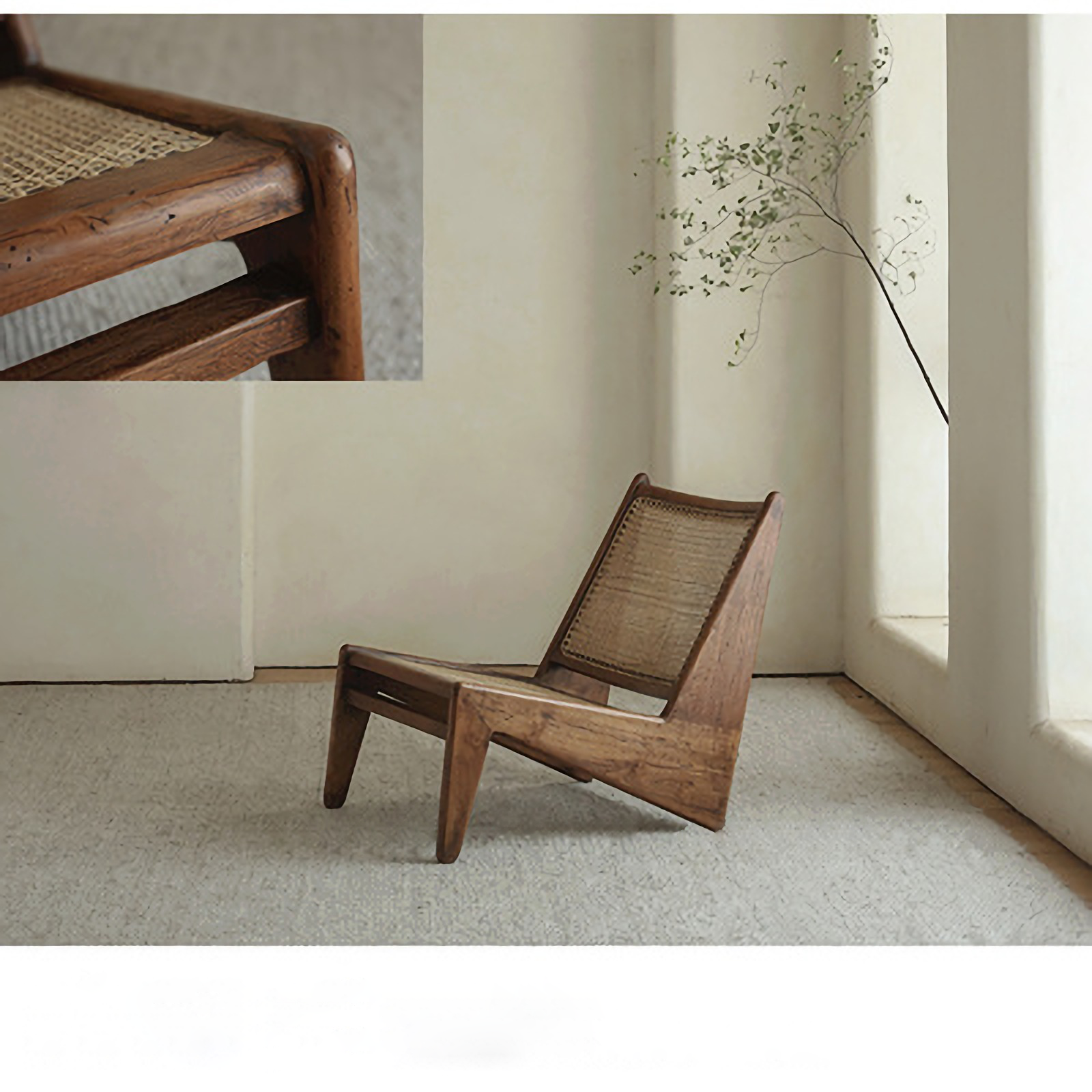 Kangaroo Chair featuring a Z-shaped design with rattan seat, solid wood frame, and thin painted surface in a minimalist interior.