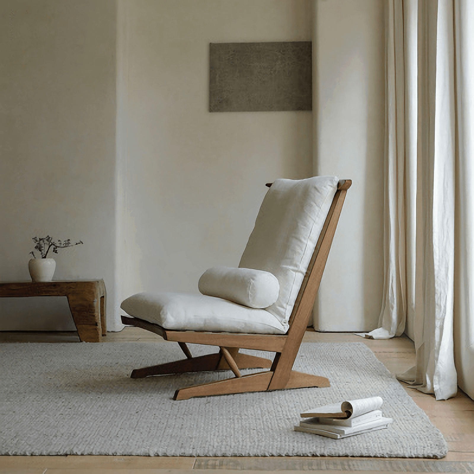 Nakajima George reclining chair in teak wood and rattan, featuring a handmade design with natural linen and foam cushion in a serene room setting.