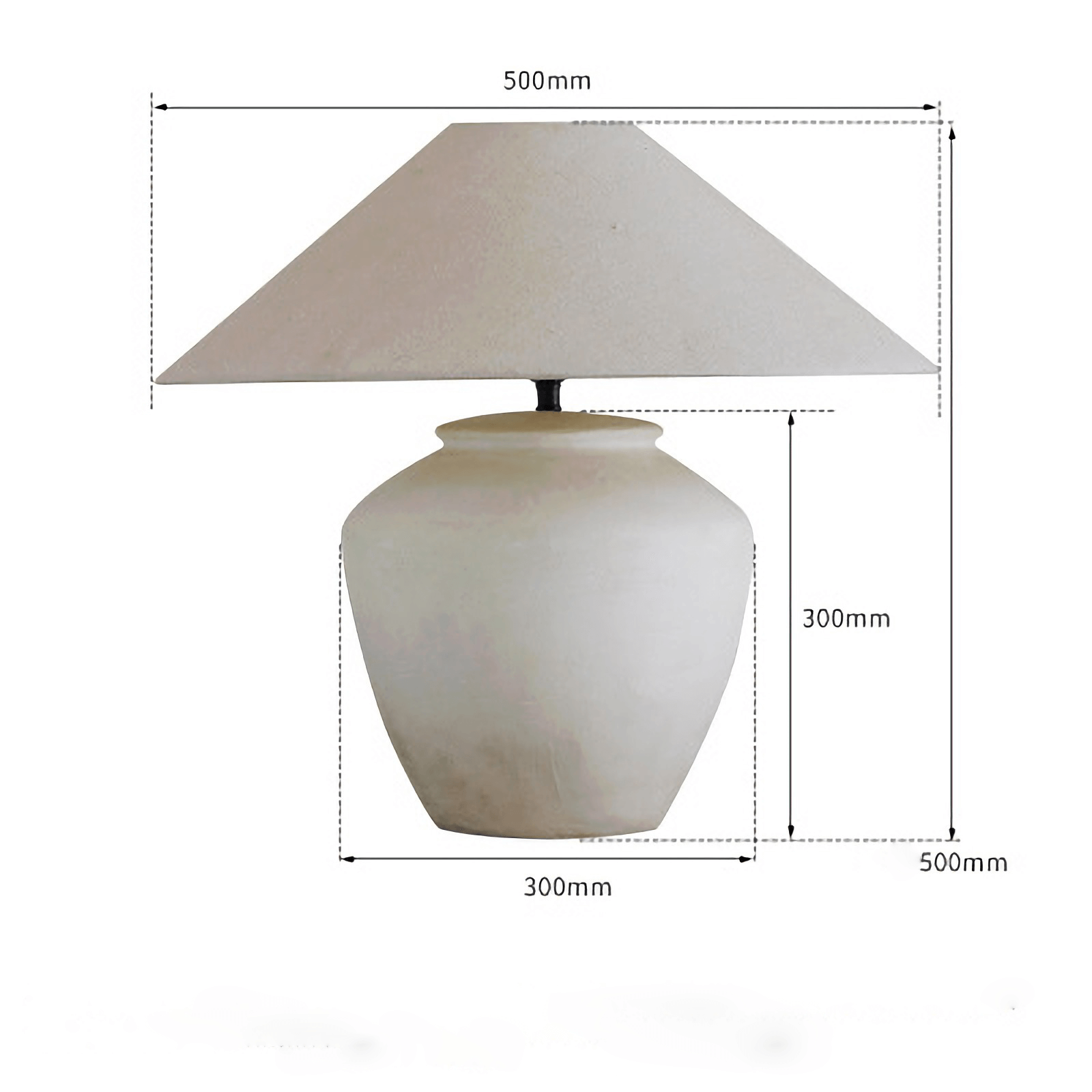 Large clay pot lamp with linen shade, featuring a naturally aged pottery design, adjustable light, and size dimensions 500mm x 500mm.