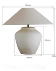 Large clay pot lamp with linen shade, featuring a naturally aged pottery design, adjustable light, and size dimensions 500mm x 500mm.