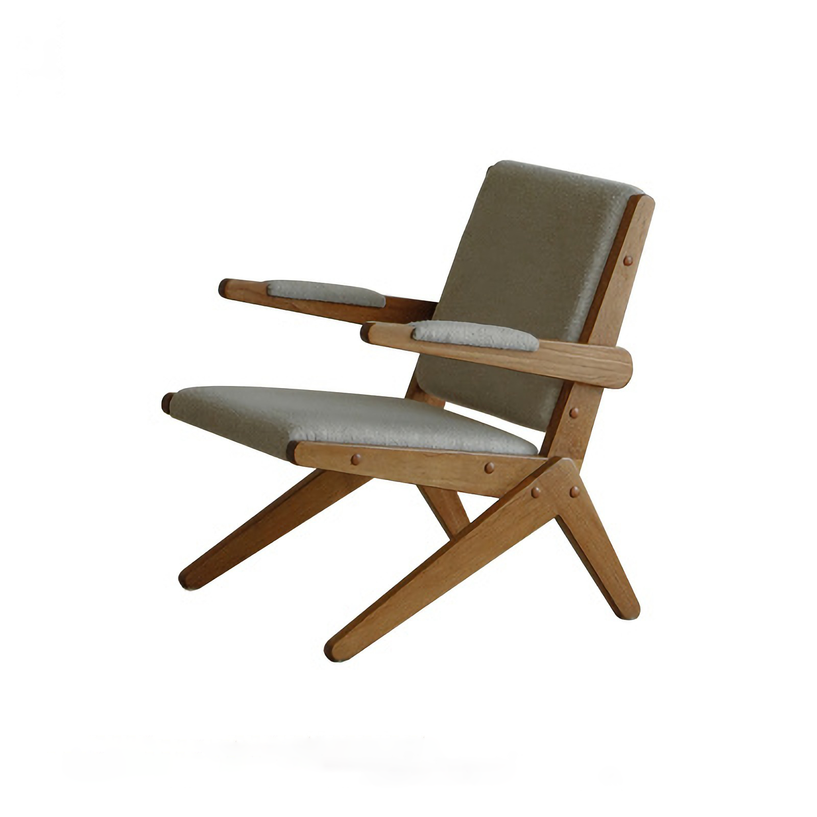 Modern Scissors Chair with solid teak wood S-frame, upholstered seat, and armrests; perfect for lounge spaces.