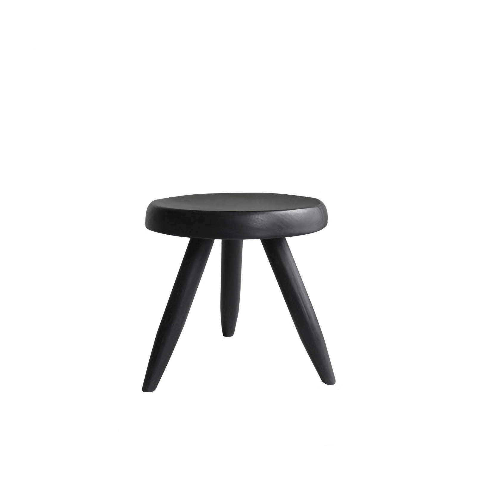 Black Meribel Stool made of imported teak wood inspired by the architectural style of the Alps, featuring manual polishing and charcoal finish.