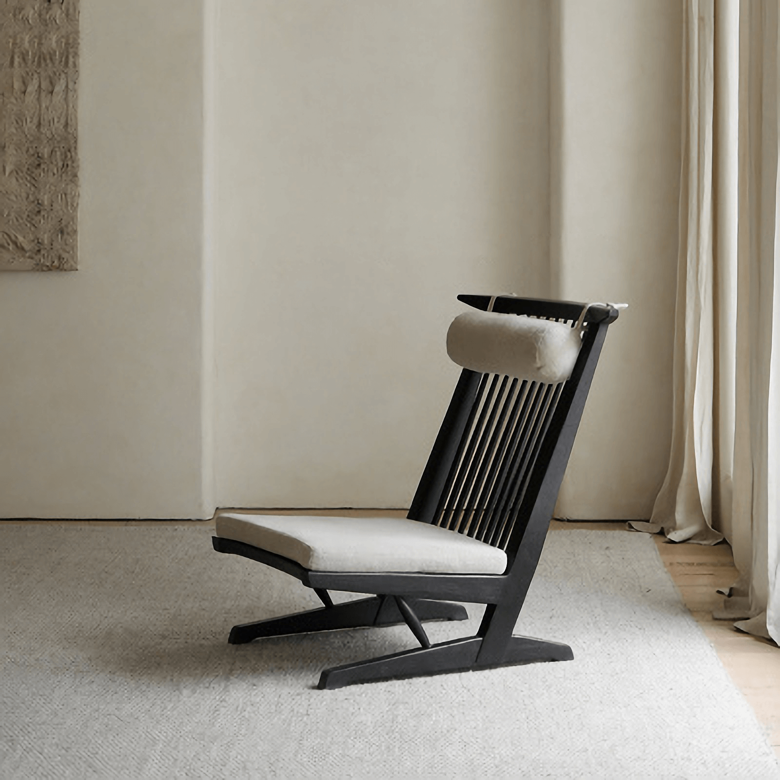 Nakajima George Reclining Chair with teak wood and rattan weaving, inspired by carvings, offers a romantic vibe in a minimalist setting.
