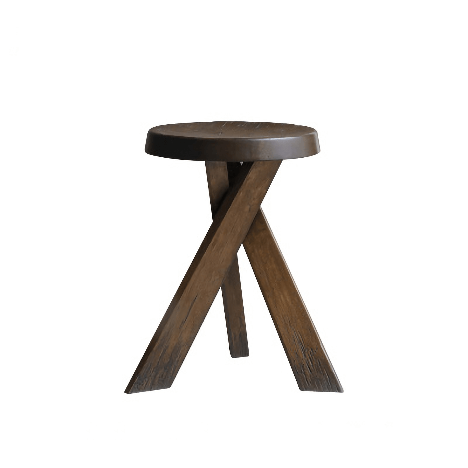 Meribel Stool in solid teak wood, inspired by Alpine architecture, featuring a rustic finish with manual polishing and charcoal burning.