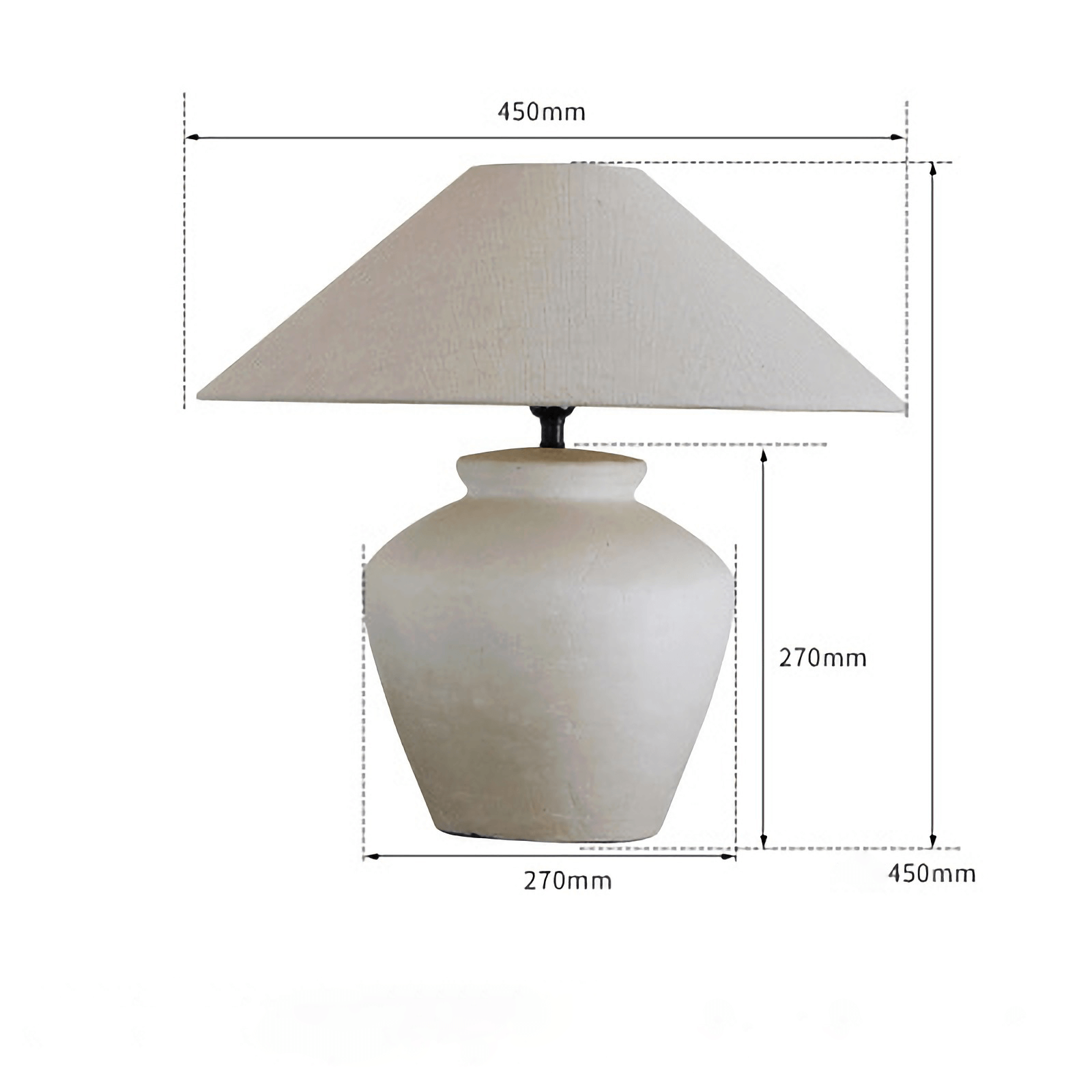 Clay pot table lamp with linen shade, 450mm diameter, adjustable light source, decor piece for a quiet, comfortable space.