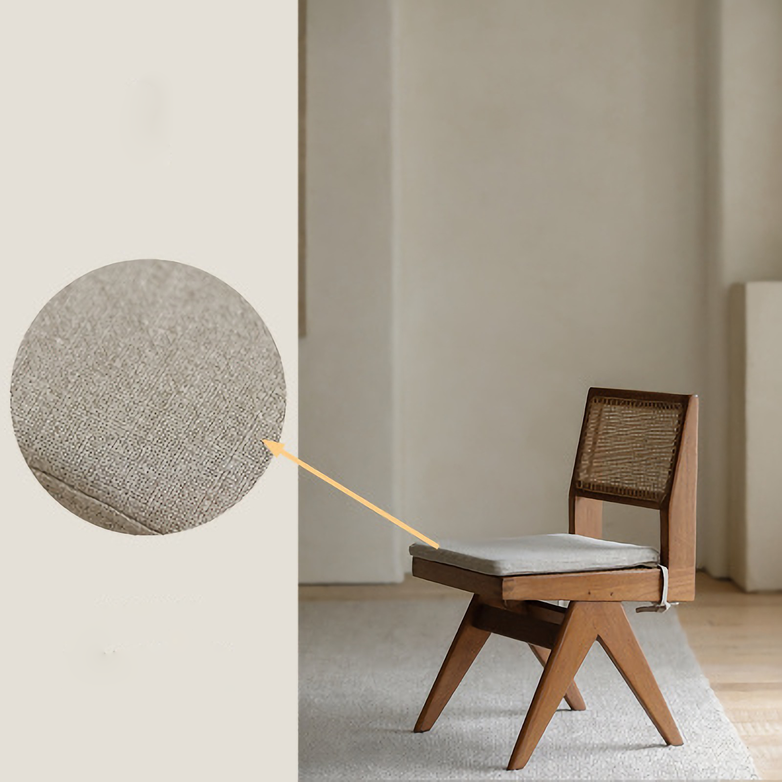 Solid wood rattan dining chair with gray cushion, showcasing hand-woven teak frame and intricate rattan backrest design.
