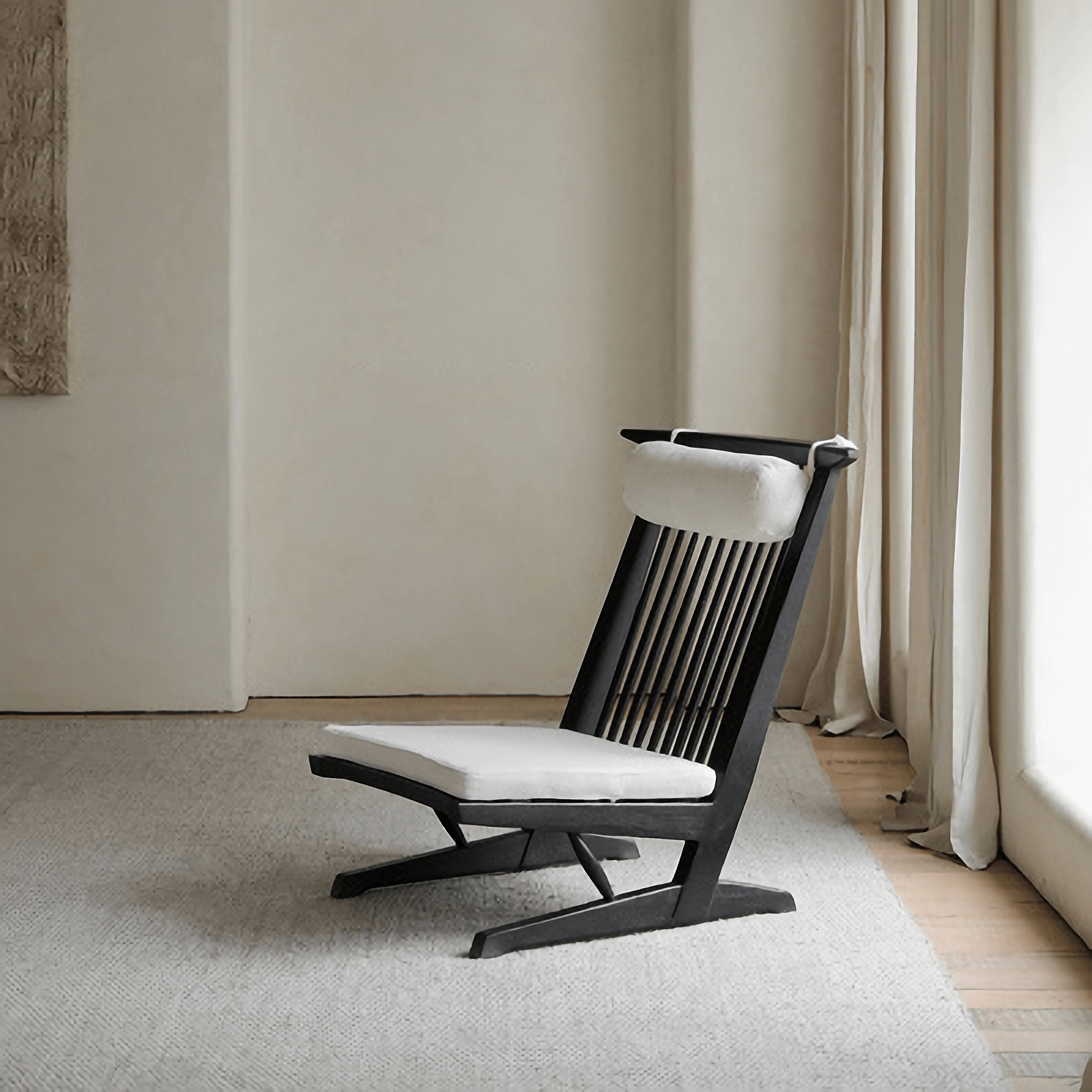 Nakajima George Reclining Chair in teak wood with rattan weave and natural linen, handmade for a romantic and elegant ambiance.