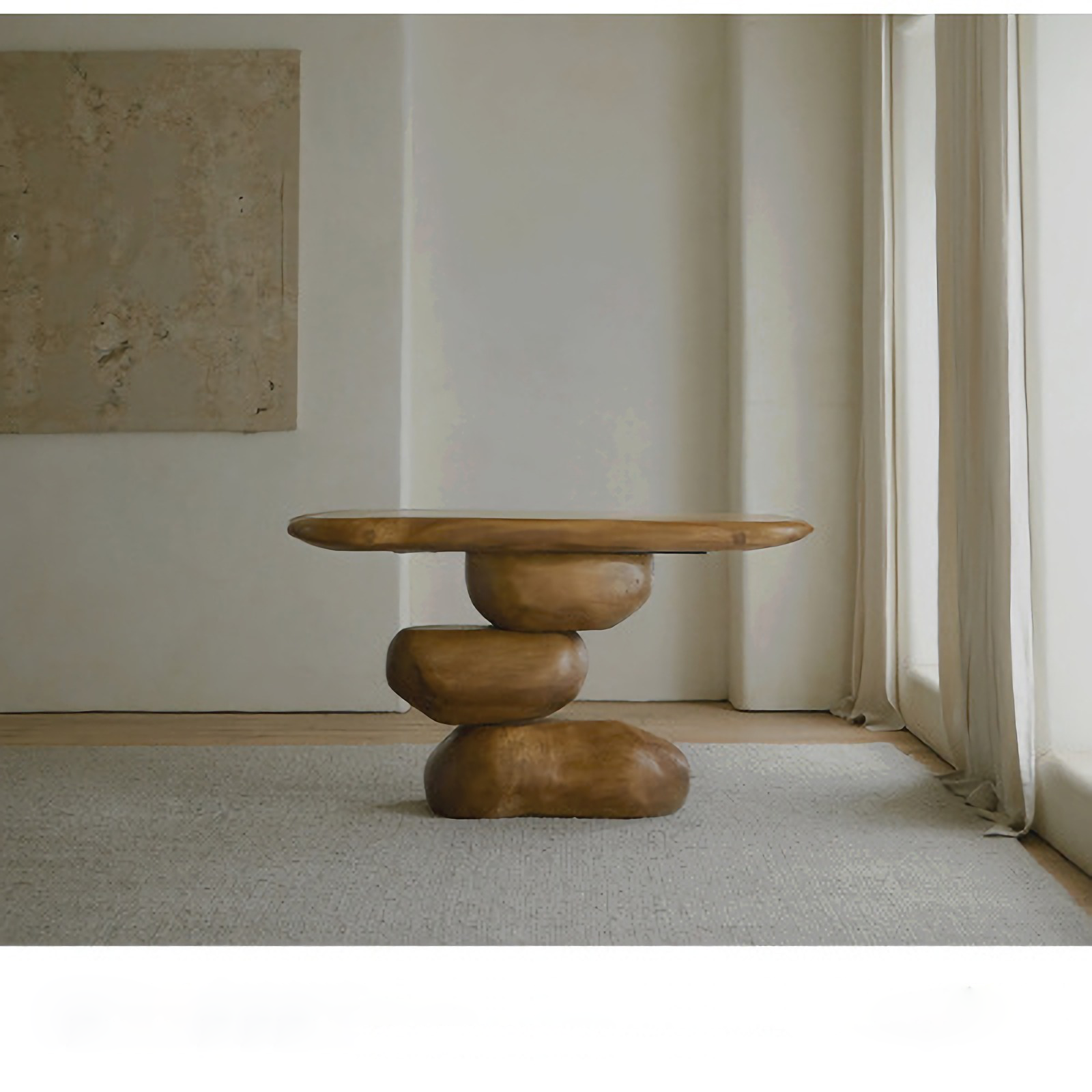 Wabi-Sabi wood table with irregular structure in a retro style living room, showcasing natural aging and balancing life elements.