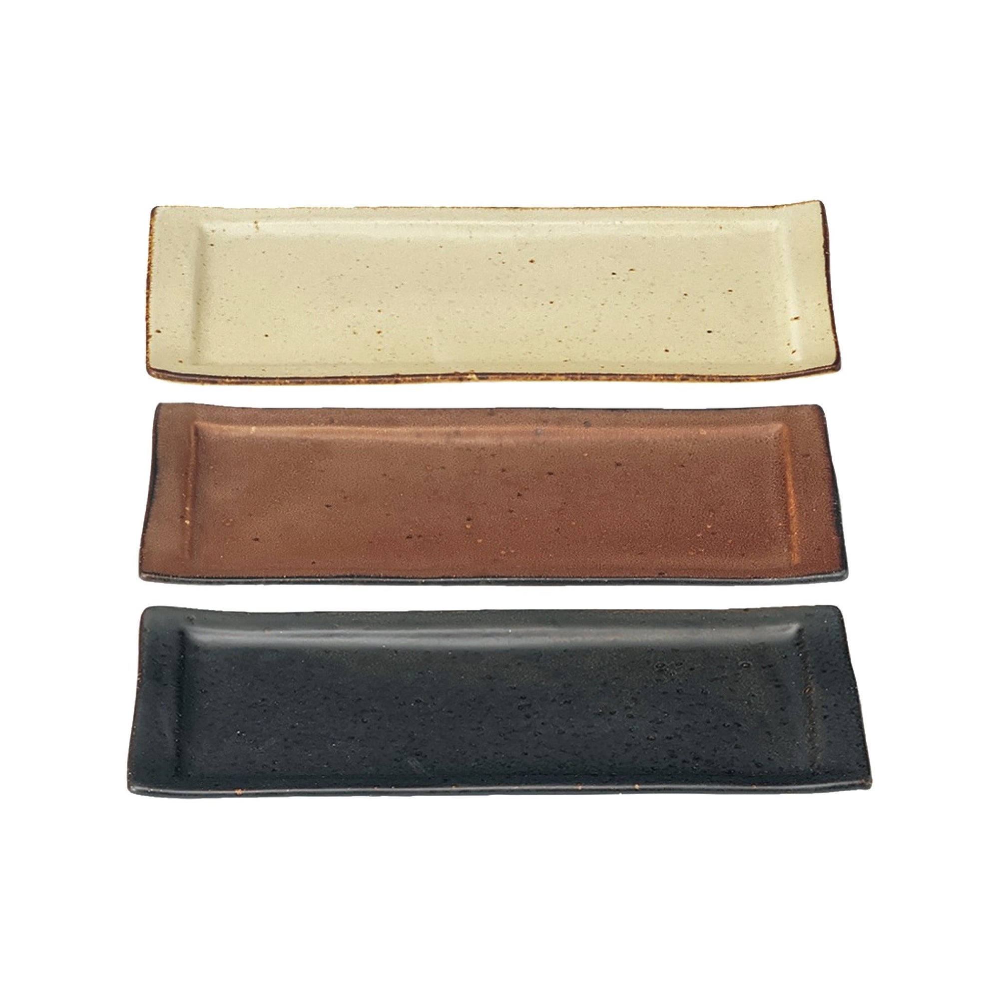 Three Rila Long Plates in warm matte colors, handmade porcelain by Kaneko Kohyo, Japan, 31cm size. Microwave and dishwasher safe.