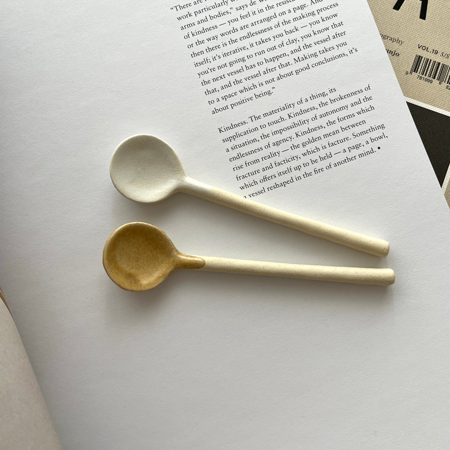 Two Marumitsu Bean Spoons on a book, showcasing their unique bean-shaped tips and rustic glaze finish.