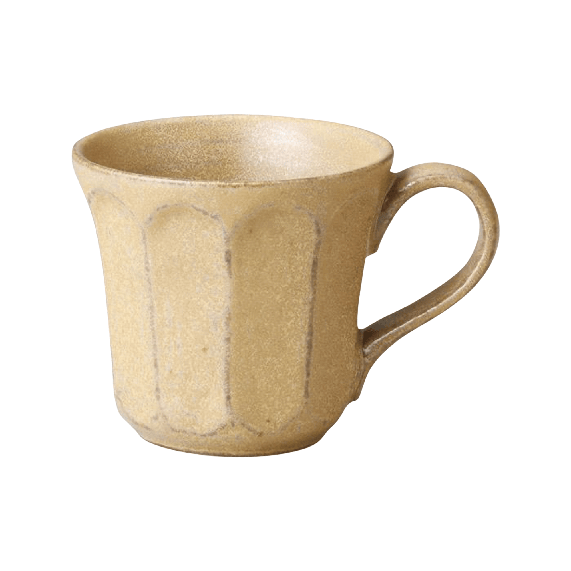 Handmade Rinka Mug in beige porcelain, Japanese craftsmanship, microwave and dishwasher safe, unique glaze texture.