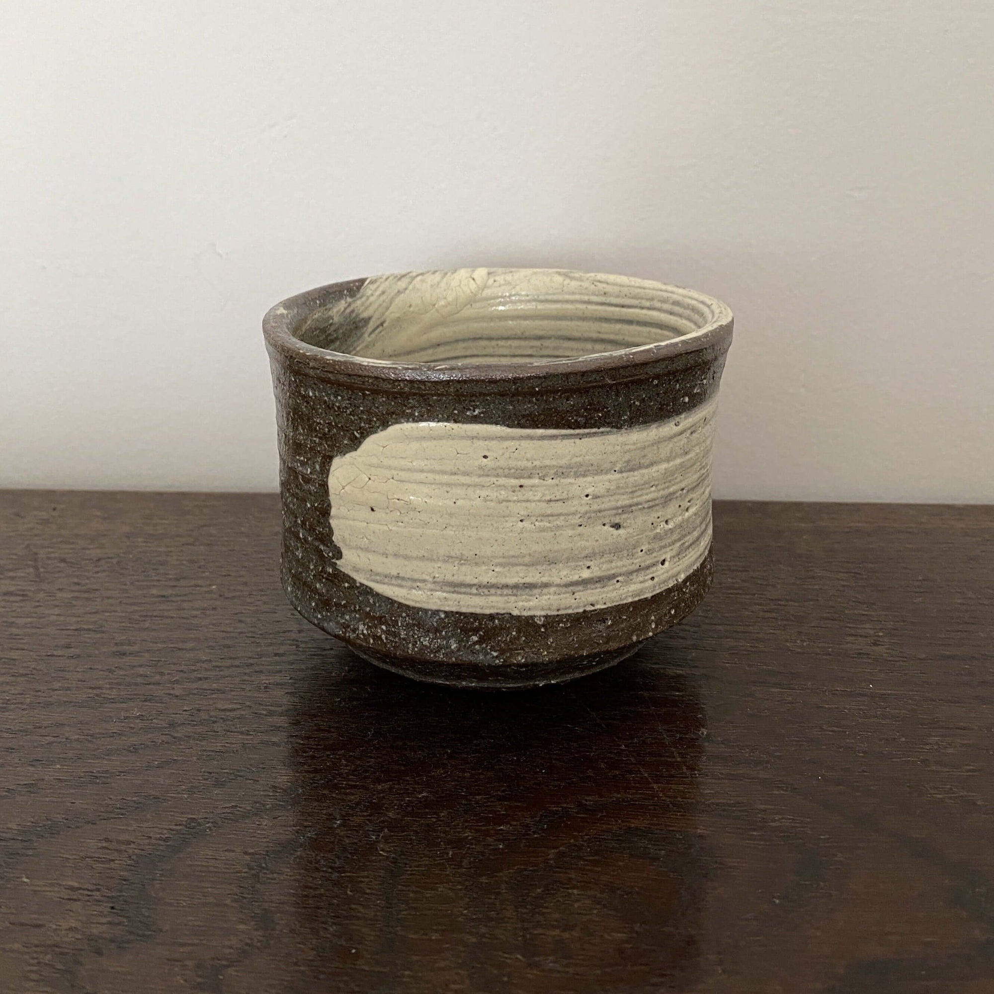 Ceramic Wabi-Sabi Matcha Bowl for Japanese tea, handcrafted with natural texture, ideal for use with bamboo whisk, 9.8cm diameter.