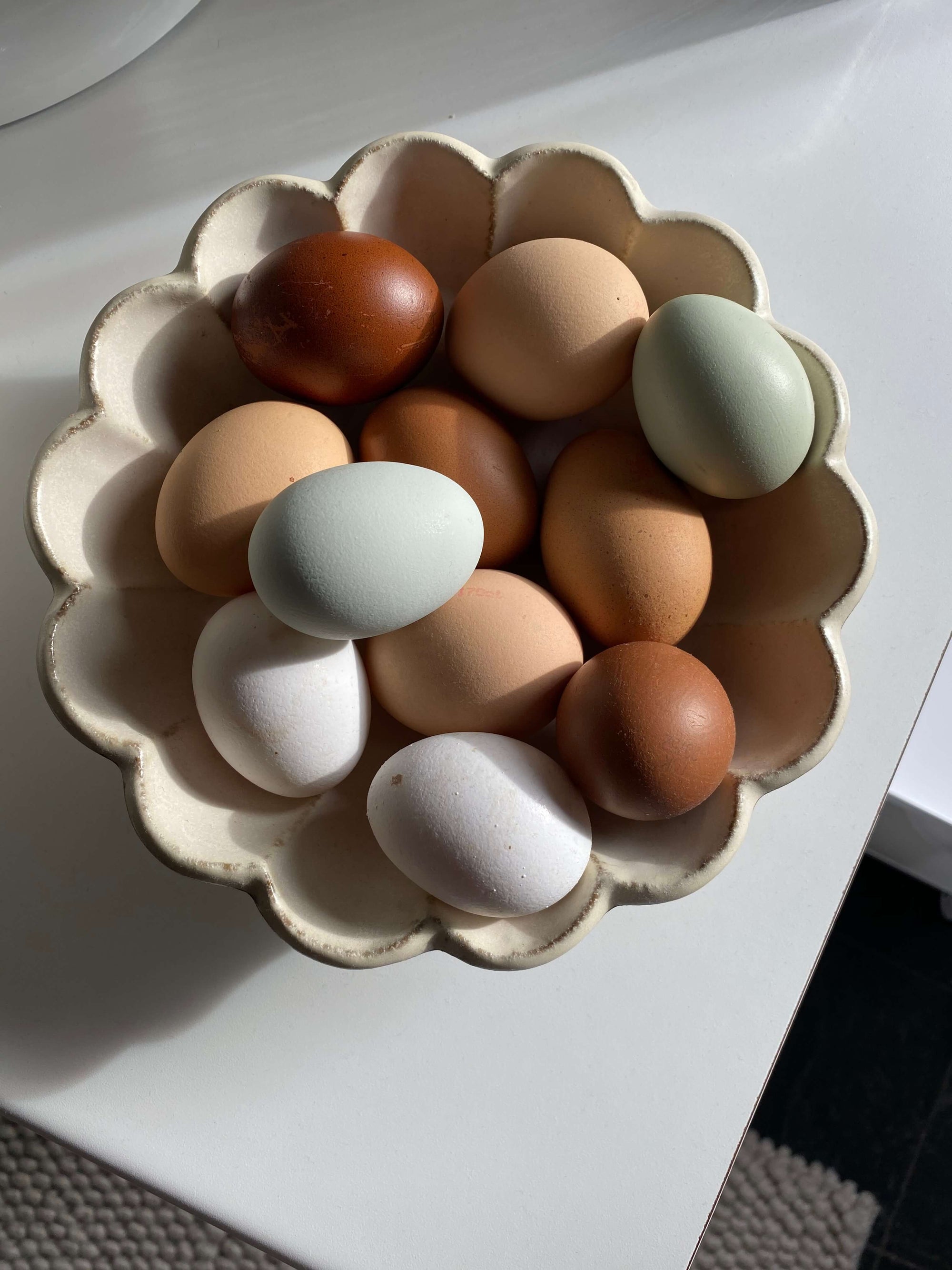Assorted eggs in a flower-shaped Rinka Bowl made of porcelain, showcasing the delicate craftsmanship of the Kaneko Kohyo collection.