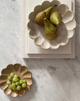 Rinka Bowls by Kaneko Kohyo holding pears and grapes on a marble surface, showcasing handmade Japanese ceramic design.