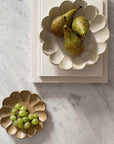 Rinka Bowl 24cm with pears and grapes, showcasing the handcrafted flower-shaped porcelain design by Kaneko Kohyo.